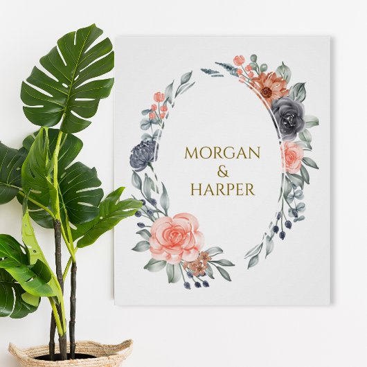 Wedding Poster With Soft Peach & Blue Flowers ポスター