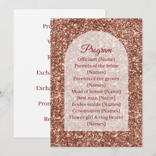 Wedding Program Ceremony Rose Gold Arched Glitter プログラム (正面/裏面)