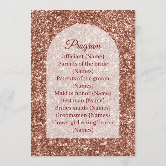 Wedding Program Ceremony Rose Gold Arched Glitter プログラム (正面)