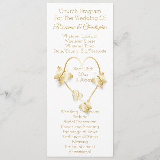 Wedding Program Gold Coloured Heart Butterfly プログラム (正面)