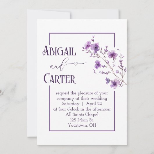 Wedding Purple Floral Frame On White 招待状 (正面)