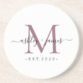 Wedding Purple Monogram Names Year Est  コースター (正面)