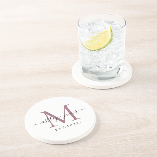 Wedding Purple Monogram Names Year Est  コースター (側面)