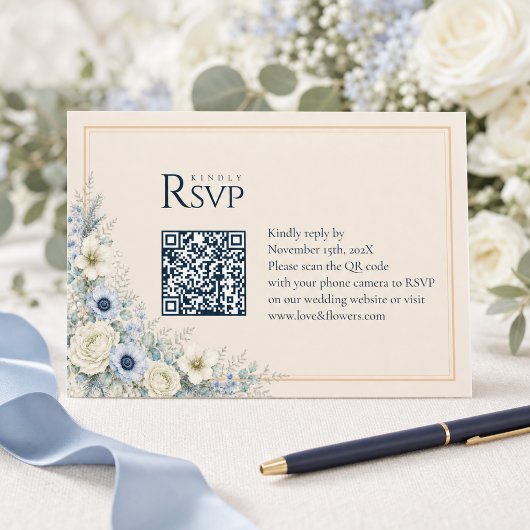 Wedding QR Code RSVP Card | ブルー アイボリー ウィンター