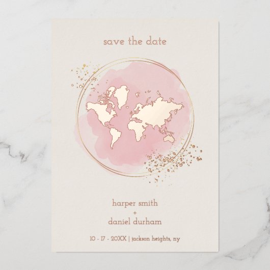 Wedding Real Rose Gold Effect World Map 箔招待状 (正面)