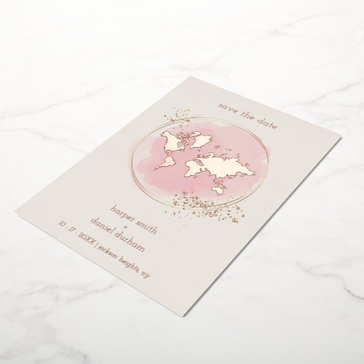 Wedding Real Rose Gold Effect World Map 箔招待状 (回転した状態)