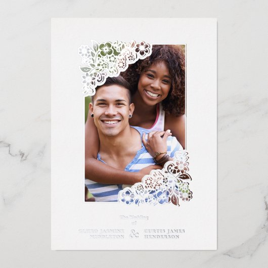 Wedding Real Silver Effect Fancy Overlay Floral 箔招待状 (正面)