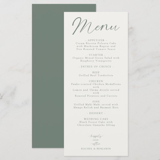 Wedding Reception Menu Elegant Script Sage Green メニュー (正面/裏面)
