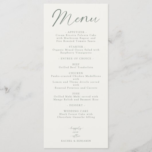 Wedding Reception Menu Elegant Script Sage Green メニュー (正面)