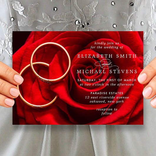 Wedding Red Rose Gold Rings Wedding Invitation シーズンカード