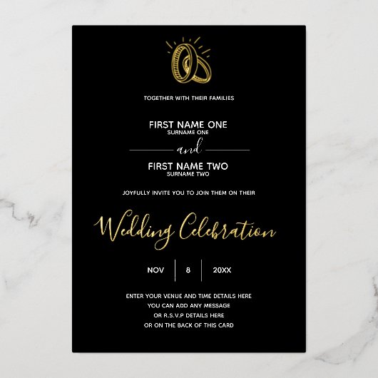 Wedding Rings Black Minimalist Invitation Foil 箔招待状 (正面)