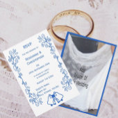 Wedding RSVP Card Blue Sapphire Bells Scrollwork 