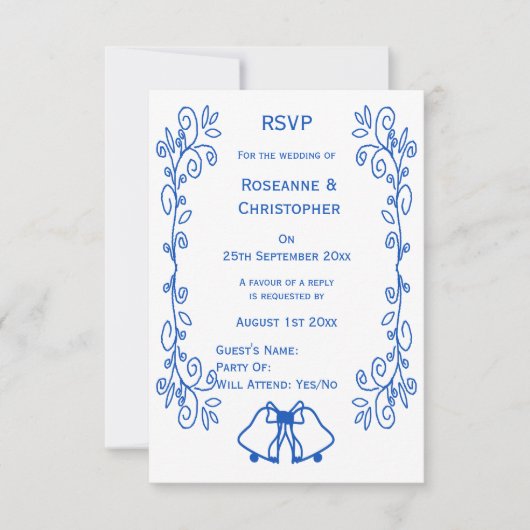 Wedding RSVP Card Blue Sapphire Bells Scrollwork  (正面)