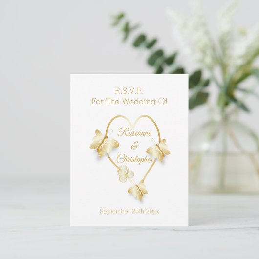 Wedding RSVP Card Gold Coloured Heart Butterfly (スタンド正面)
