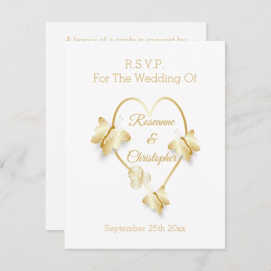 Wedding RSVP Card Gold Coloured Heart Butterfly (正面/裏面)