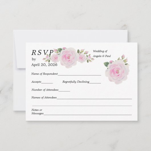 Wedding RSVP Card Soft Pink Roses  (正面)