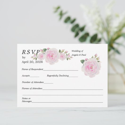 Wedding RSVP Card Soft Pink Roses  (スタンド正面)