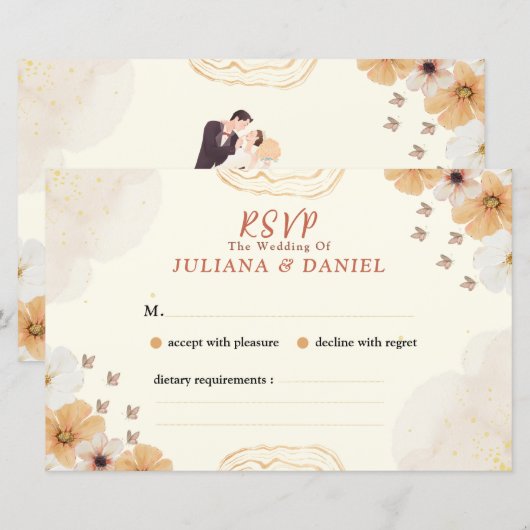 Wedding RSVP Card with Cream Floral Design (正面/裏面)