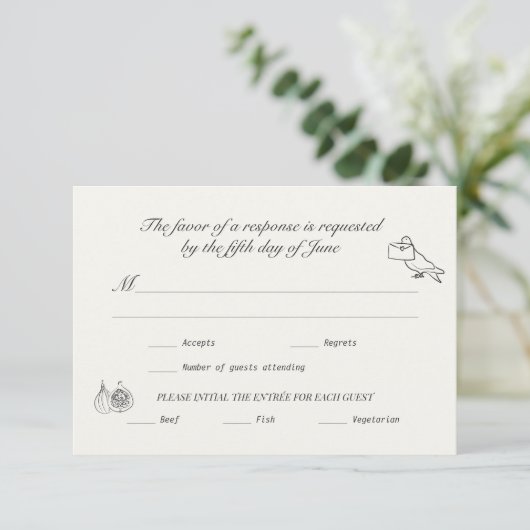 Wedding RSVP Charcoal Linen Illustrated (スタンド正面)