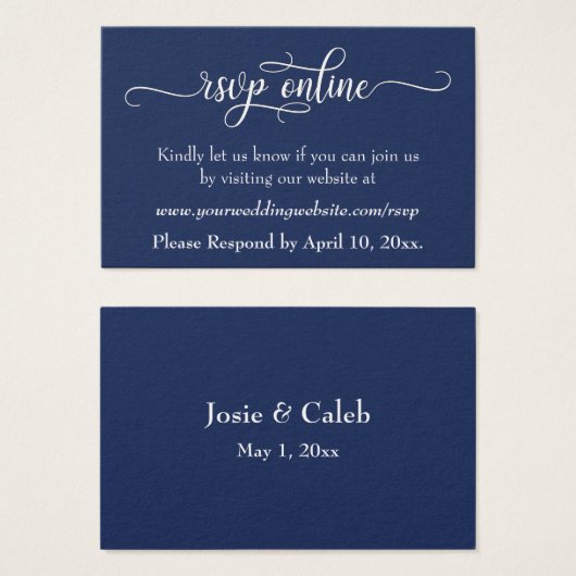 Wedding RSVP Online 挿入カード 白 スクリプト & 紺色, 19 (正面&裏面)