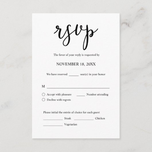 Wedding RSVP Response Card with Meal Options エンクロージャーカード (正面)
