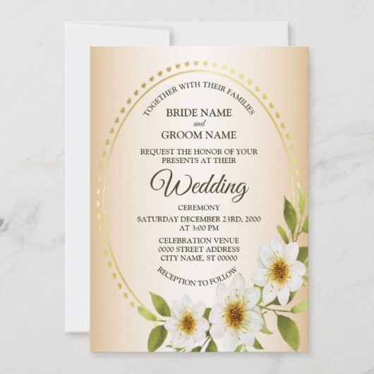 Wedding Rustic Golden Frame White Floral Peach 招待状 (正面)