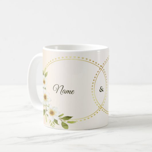 Wedding Rustic Golden Geometric White Floral Peach コーヒーマグカップ (正面左)