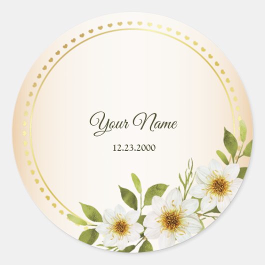 Wedding Rustic Golden Geometric White Floral Peach ラウンドシール (正面)