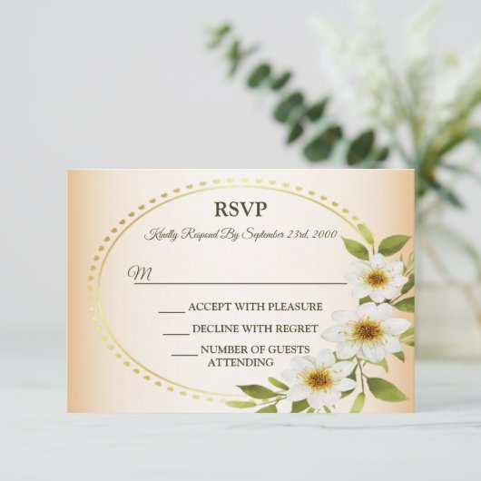 Wedding Rustic Golden Geometric White Floral Peach 出欠カード (スタンド正面)