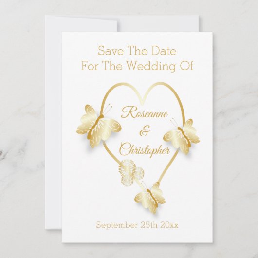 Wedding Save The Date Gold Colour Heart Butterfly セーブザデート (正面)