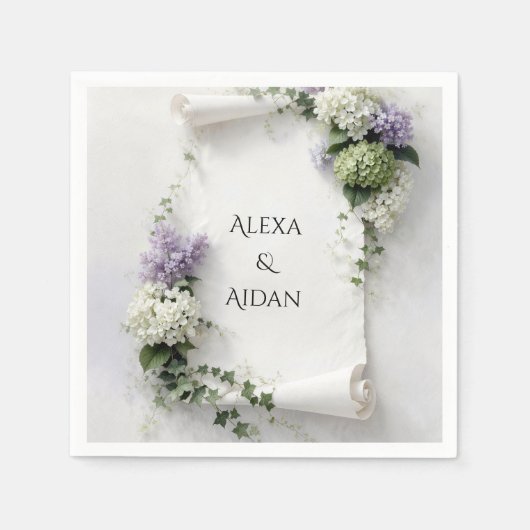 Wedding Scroll with Lilacs and Hydrangeas スタンダードカクテルナプキン (正面)