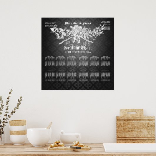 Wedding Seating Chart Baroque Flourish Black ポスター (キッチン)