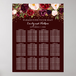 Wedding Seating Chart Burgundy Gold Floral ポスター