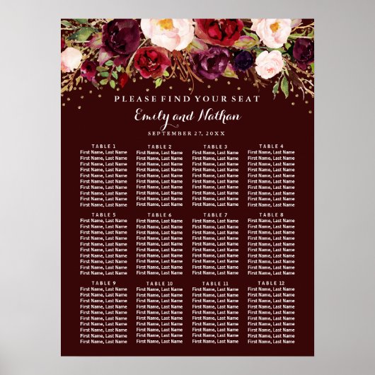 Wedding Seating Chart Burgundy Gold Floral ポスター (正面)