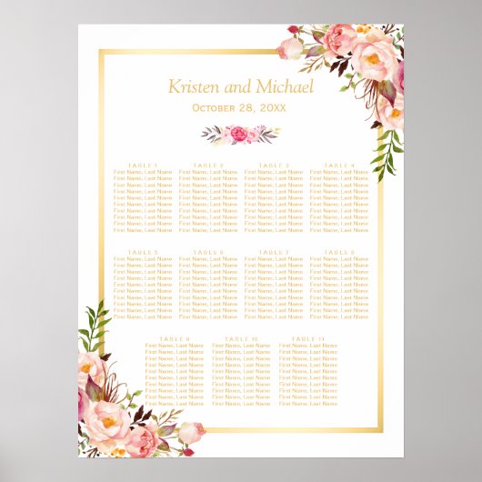 Wedding Seating Chart Elegant Chic Floral Gold ポスター (正面)
