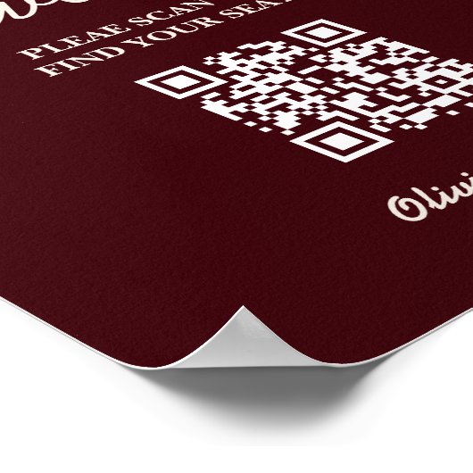Wedding Seating Chart QR Burgundy & Ivory Rustic ポスター (角)