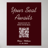 Wedding Seating Chart QR Burgundy & Ivory Rustic ポスター (正面)
