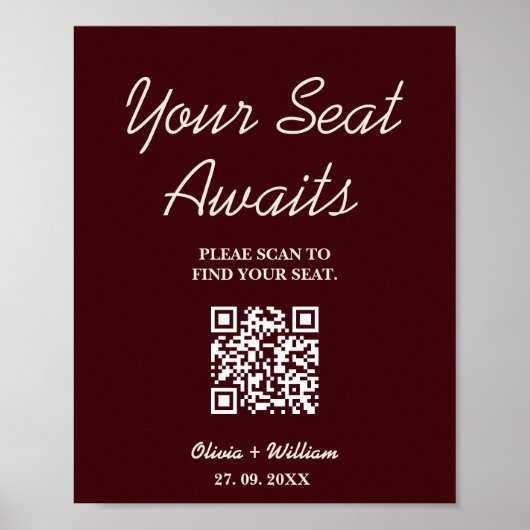 Wedding Seating Chart QR Burgundy & Ivory Rustic ポスター (正面)