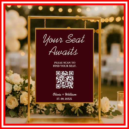 Wedding Seating Chart QR Burgundy & Ivory Rustic ポスター