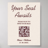 Wedding Seating Chart QR Burgundy & Ivory Rustic ポスター (正面)