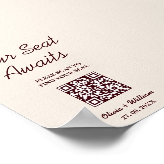 Wedding Seating Chart QR Burgundy & Ivory Rustic ポスター (角)