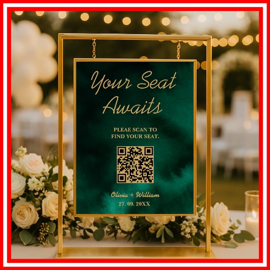 Wedding Seating Chart QR Emerald Green & Gold Sign ポスター