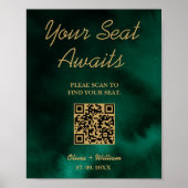 Wedding Seating Chart QR Emerald Green & Gold Sign ポスター (正面)