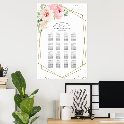 Wedding Seating Chart Sign Elegant Blush Floral ポスター (ホームオフィス)