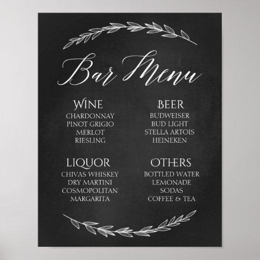 Wedding Sign – Bar Menu Wedding Chalkboard Sign ポスター (正面)