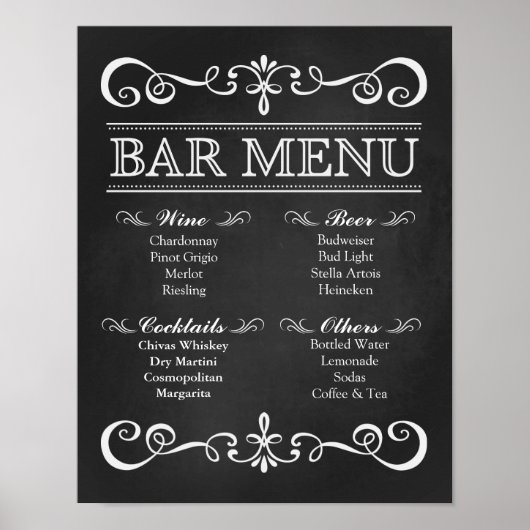 Wedding Sign – Bar Menu Wedding Chalkboard Sign ポスター (正面)