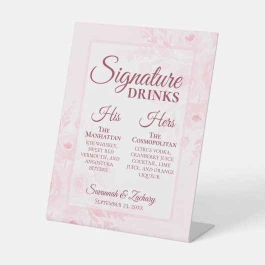 Wedding Signature Drinks Blush Pink Boho Peonies 台座サイン (正面)