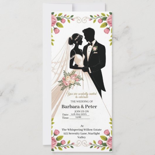 Wedding Silhouette Invitation with Floral Accents 招待状 (正面)