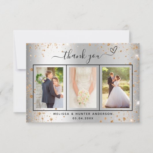 Wedding silver photo gold heart script elegant サンキューカード (正面)