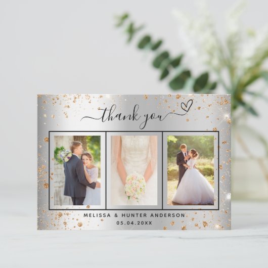 Wedding silver photo gold heart script elegant サンキューカード (スタンド正面)